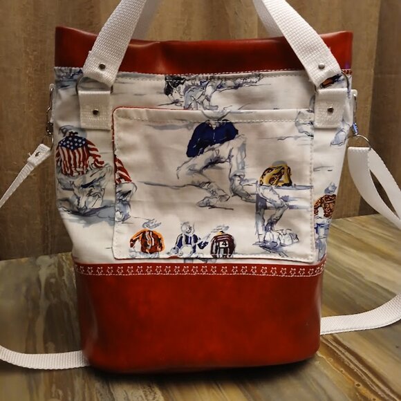 New Bucket Saddle Bag Purse Tote Red White Cowboy Rodeo Southwestern Pleather - Picture 4 of 8